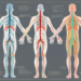 The human nervous system highlighting the sympathetic and parasympathetic nerve fibers in different colors