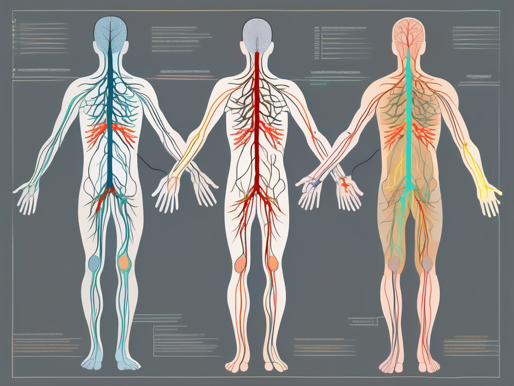 The human nervous system highlighting the sympathetic and parasympathetic nerve fibers in different colors