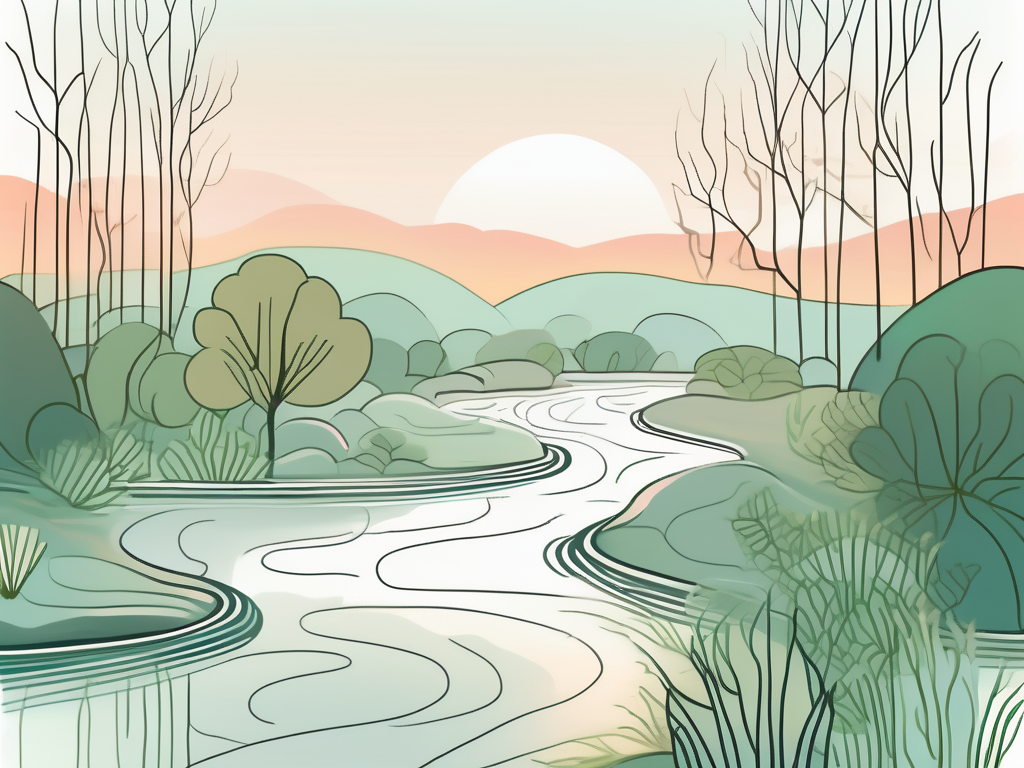 A serene natural scene with elements like a gently flowing stream