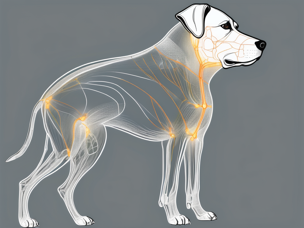 A dog in a relaxed posture with a highlighted and detailed representation of the pelvic parasympathetic nerve system