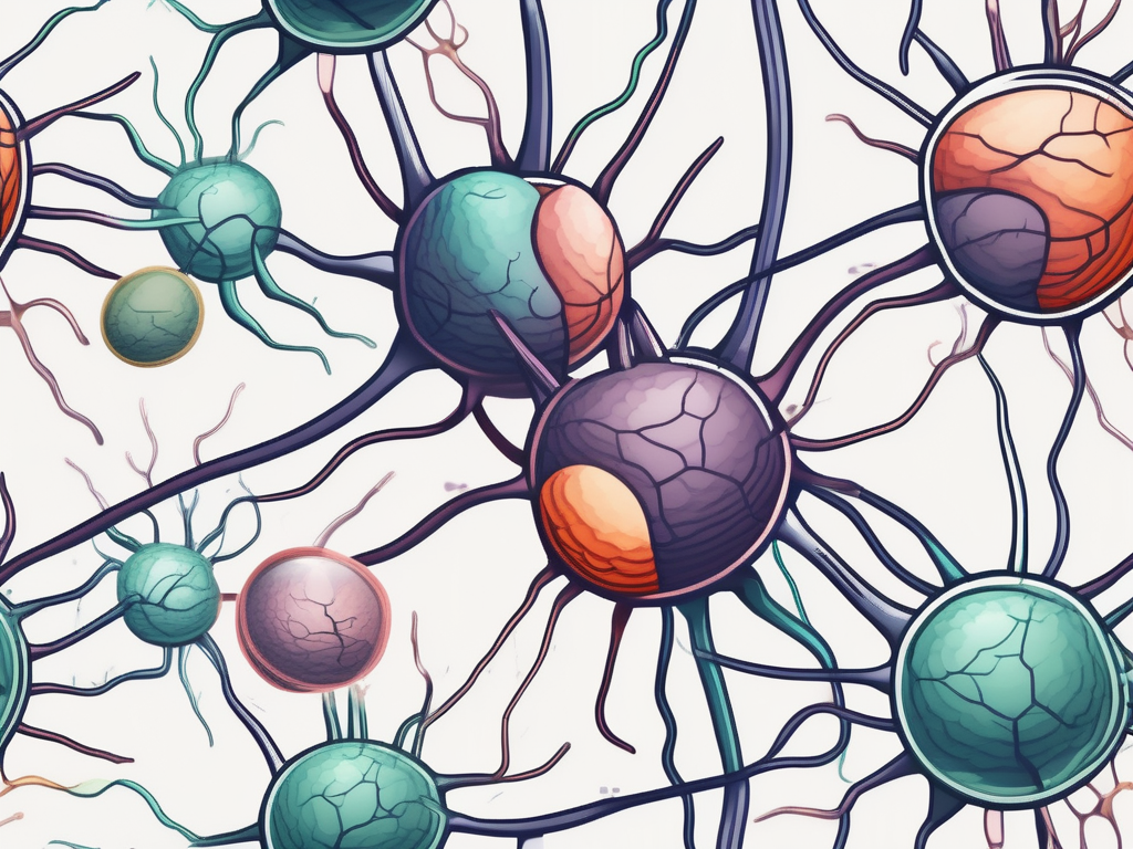 A nerve cell with various medications symbolically blocking the transmission of impulses