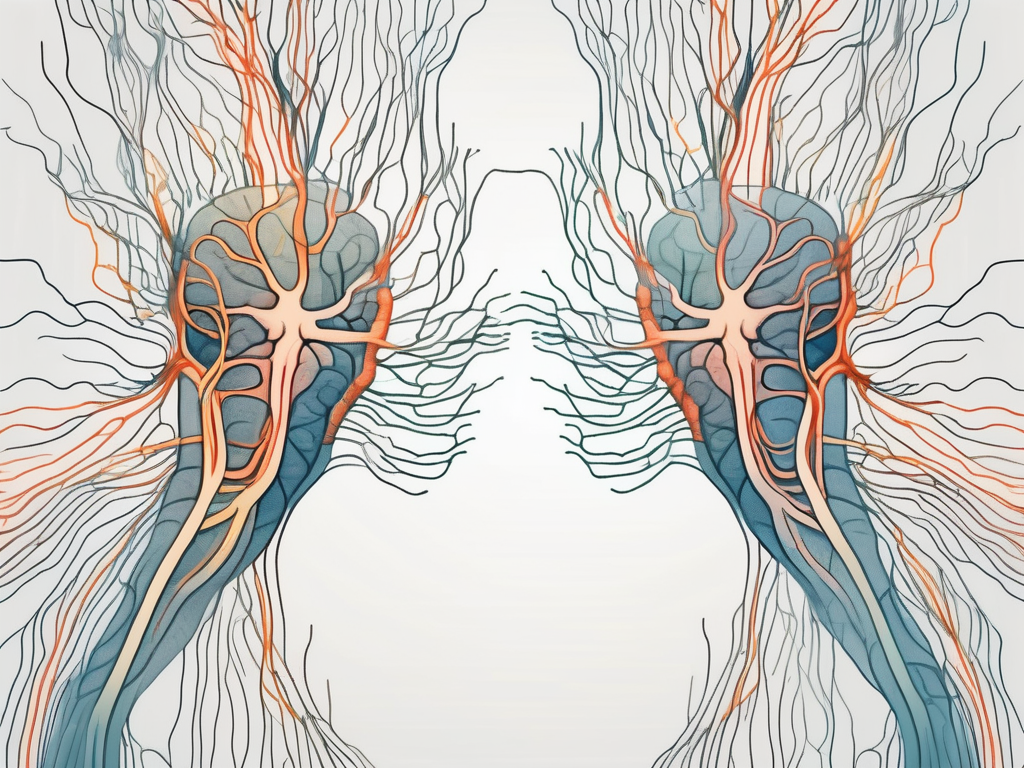 The nervous system highlighting the sympathetic and parasympathetic nerve fibers