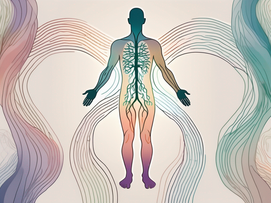 A human body silhouette with highlighted nervous system