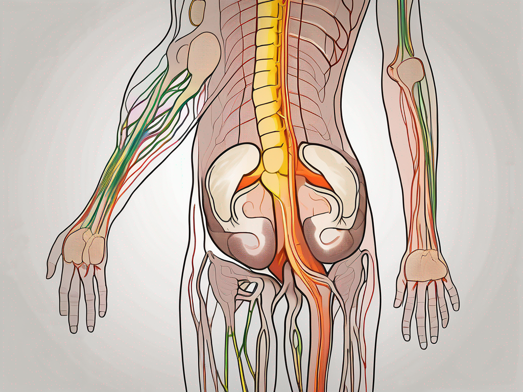 The human nervous system highlighting the parasympathetic nerve endings in the buttocks region